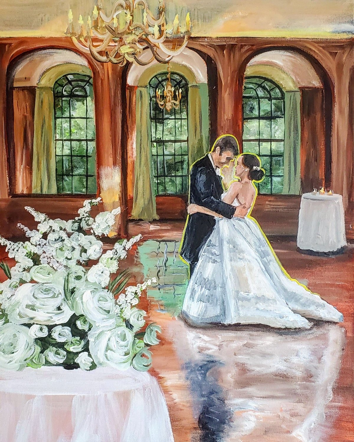 Intimate first dance live wedding painting at the Baltimore Country Club. Couple in wedding attire snuggle on the dance floor.