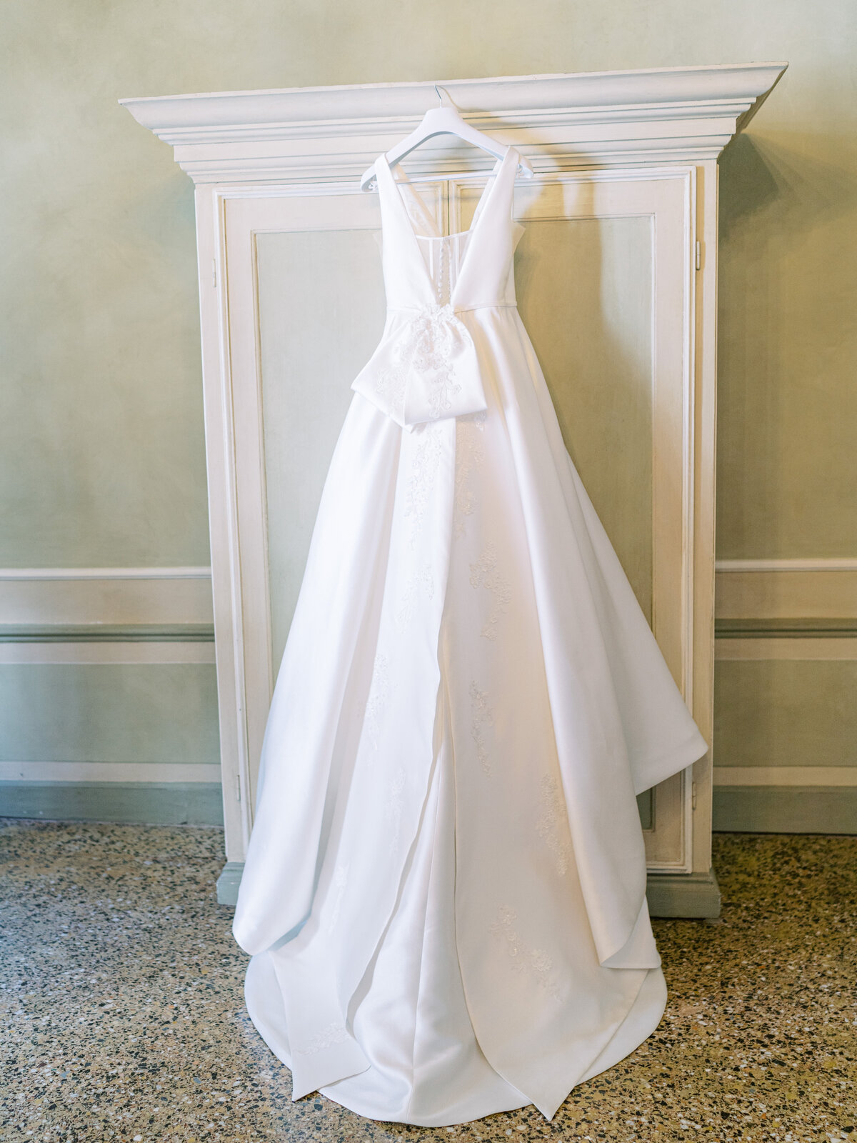 Wedding dress in bridal suite for Italian wedding in Venice