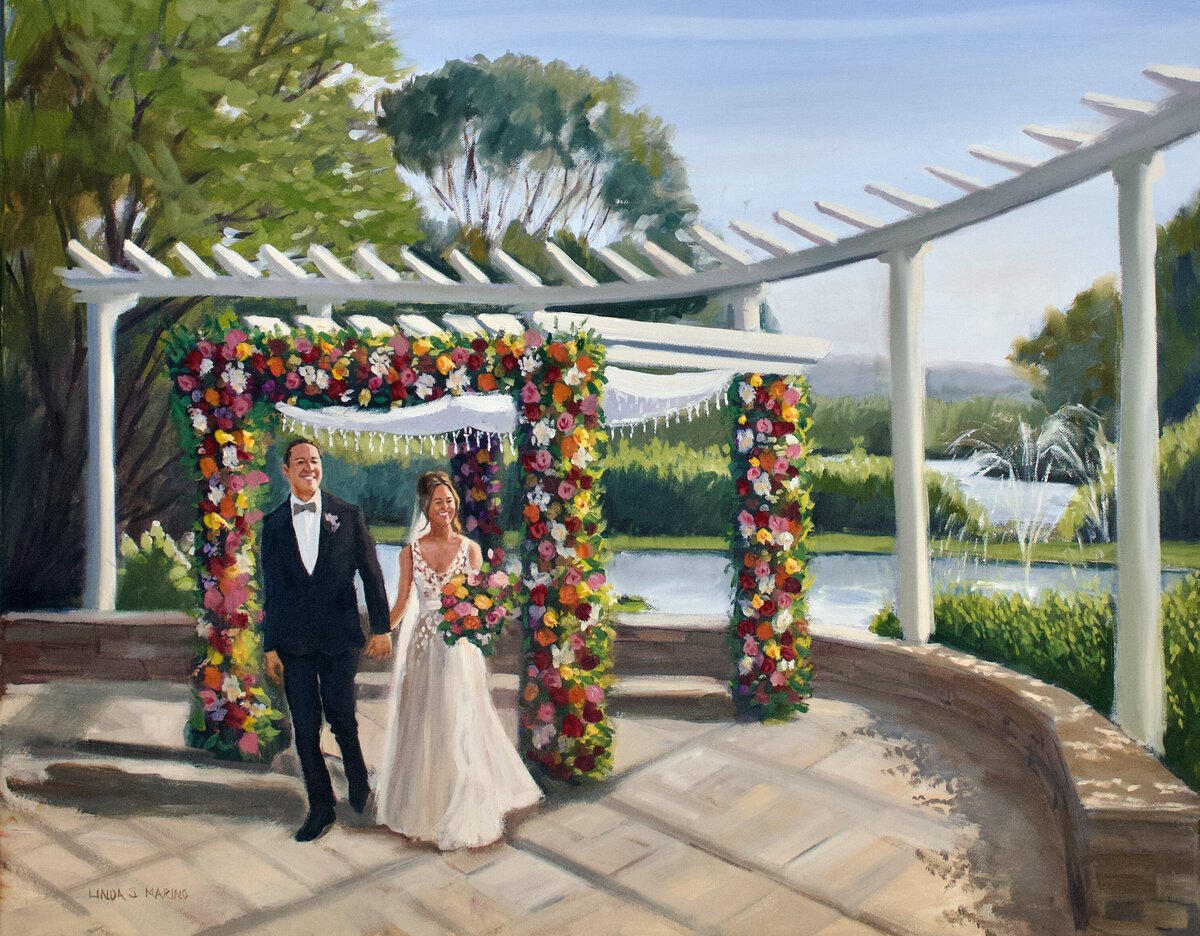 Live Painting of Bride and Groom Outdoor Ceremony with bright color floral canopy