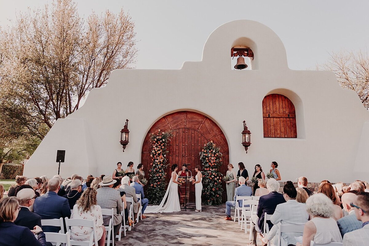 Wedding ceremony in front of a historic chapel in Tubac, Arizona