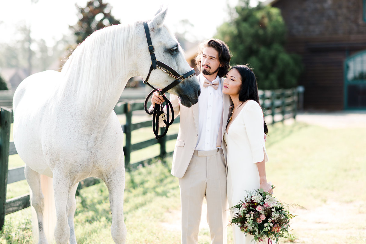 Stable View Wedding Photographer --bride and groom with horse outside of barn