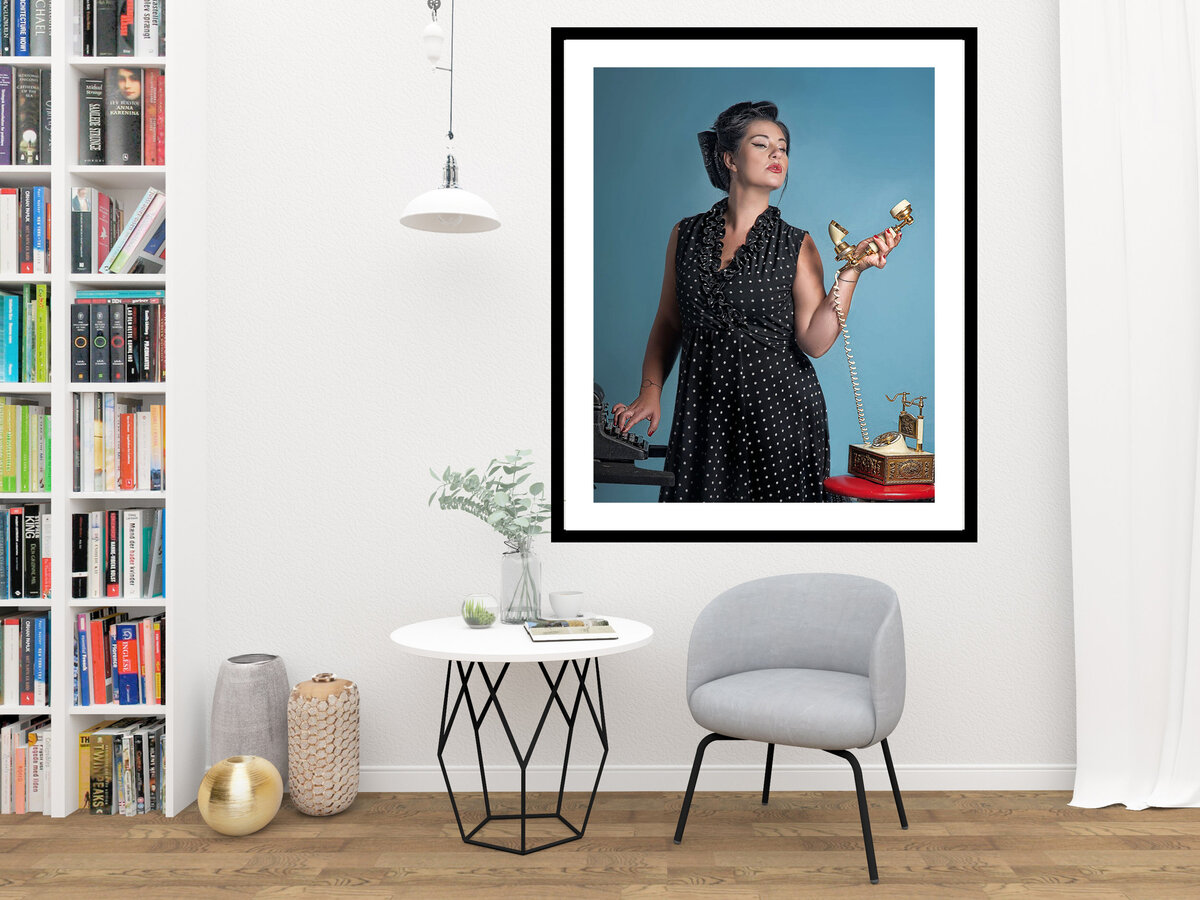 wall art of a lady dressed in retro styling with old phone and typewriter by Austin Editorial Portrait Photographer EP Photography