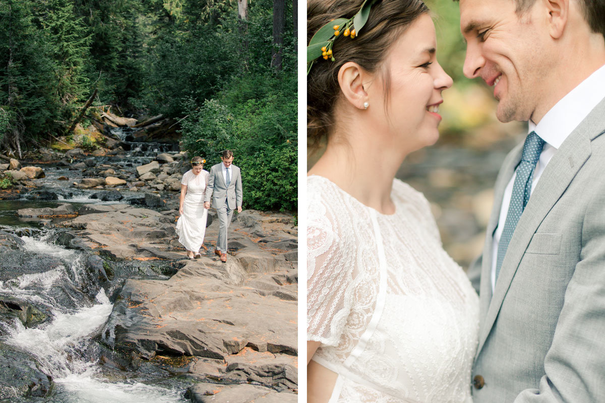 two portraits of bride and groom walking along river bank and closeup of couple in national forest