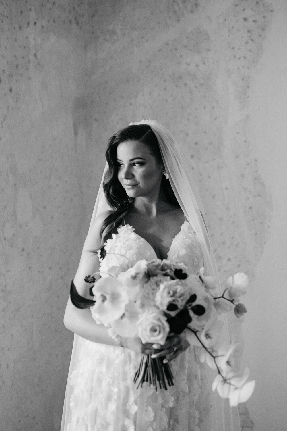 black and white bride's portrait