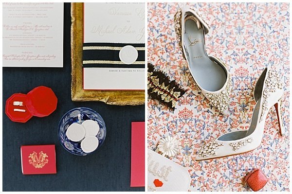 Custom Wax Seal for Wedding Invitation and Christian Louboutin Wedding Shoes and Red Velvet Ring Box © Bonnie Sen Photography