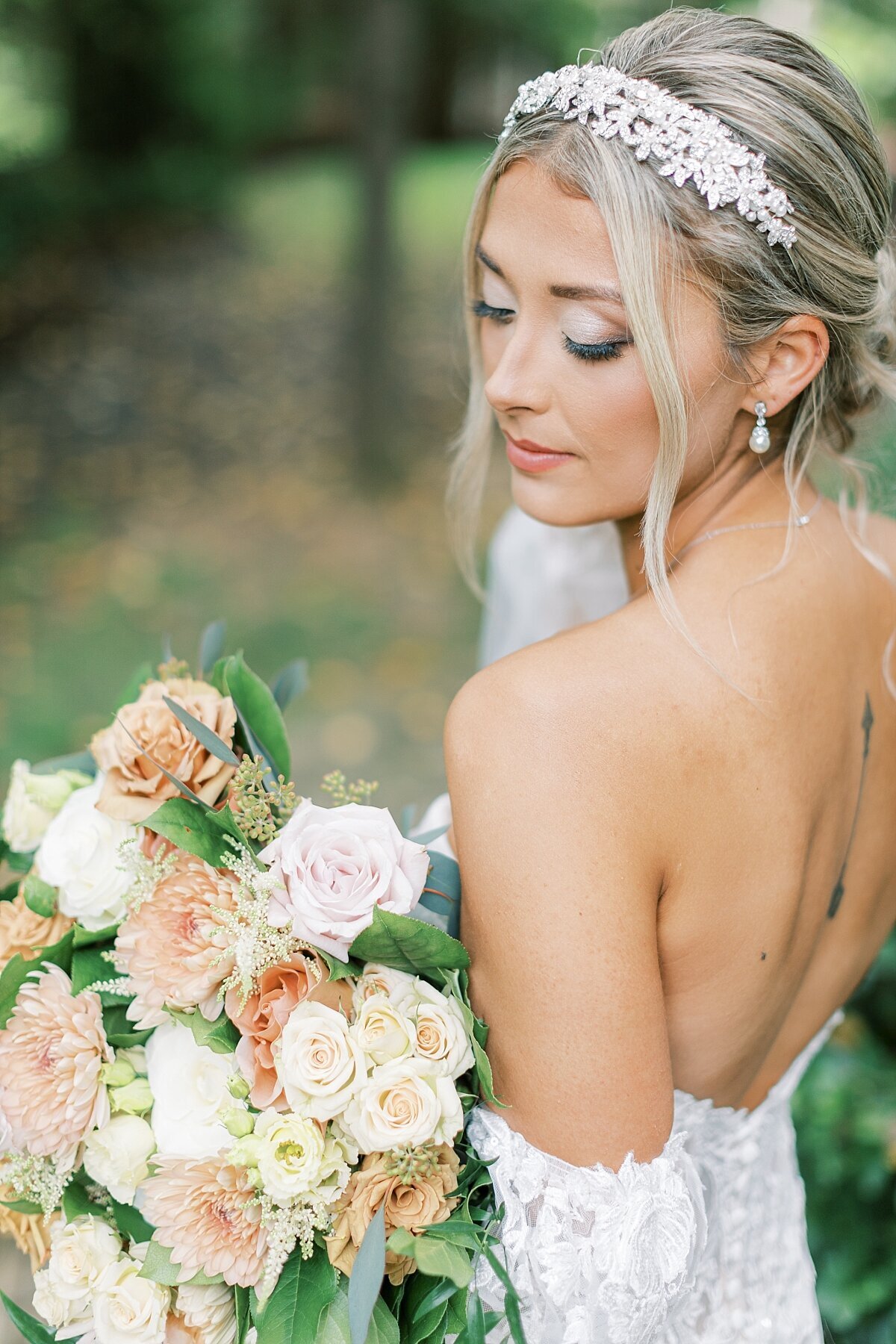bridal portraits with pink and white floral bouquet