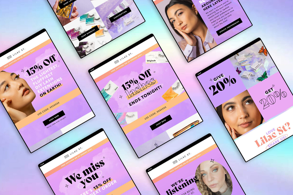 Mockups of multiple email design concepts for Lilac St Lashes