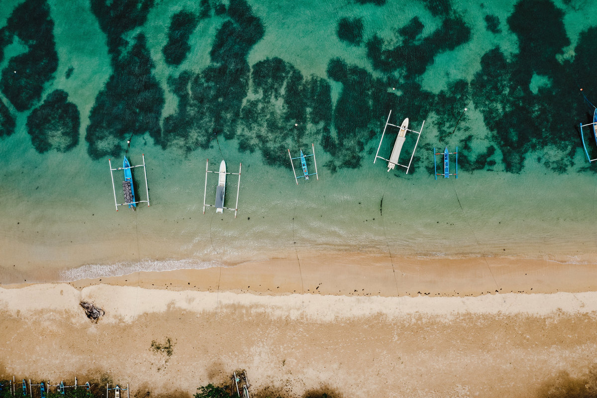 Drone shot of the shoreline in Sanur Beach, Bali