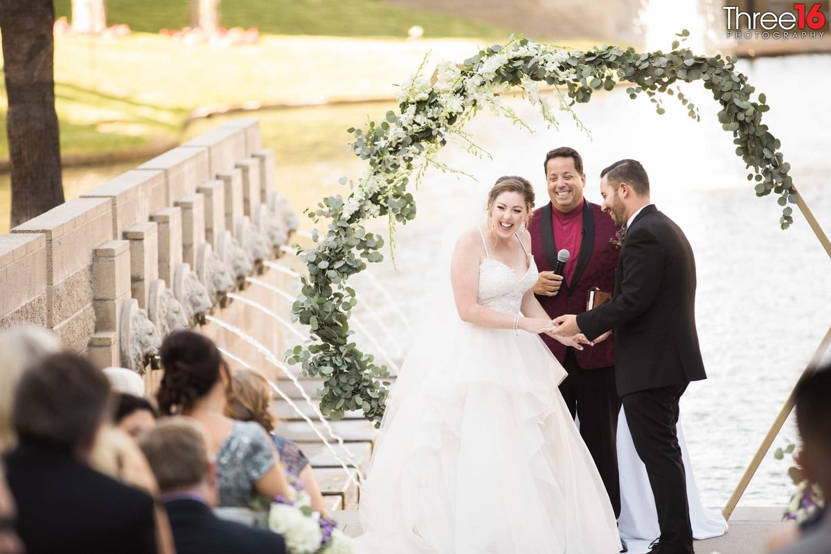 Couple shares a laugh during the wedding ceremony