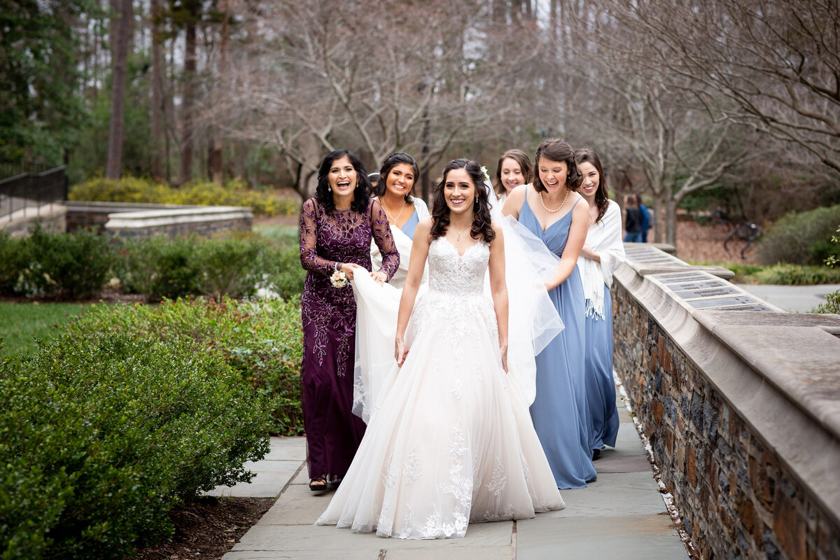 The bridal party gets ready at Duke University Chapel in NC