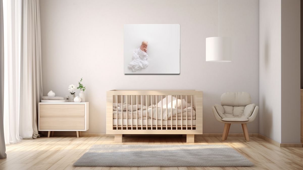 Nursery with white modern clean newborn portrait
