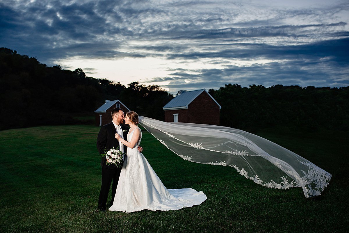 Bride and groom smiling at one another, blue and white sunset behind them and her cathedral veil is in the wind