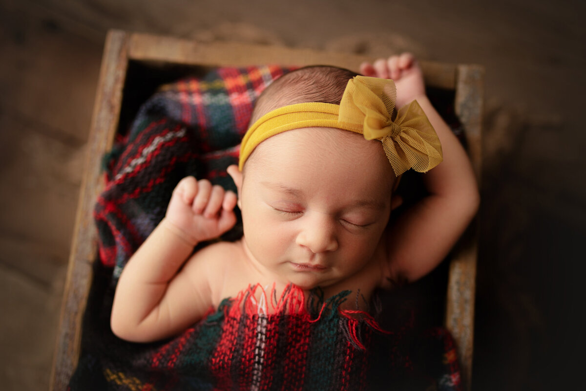 newborn baby girl in plaid blanket with yellow boy