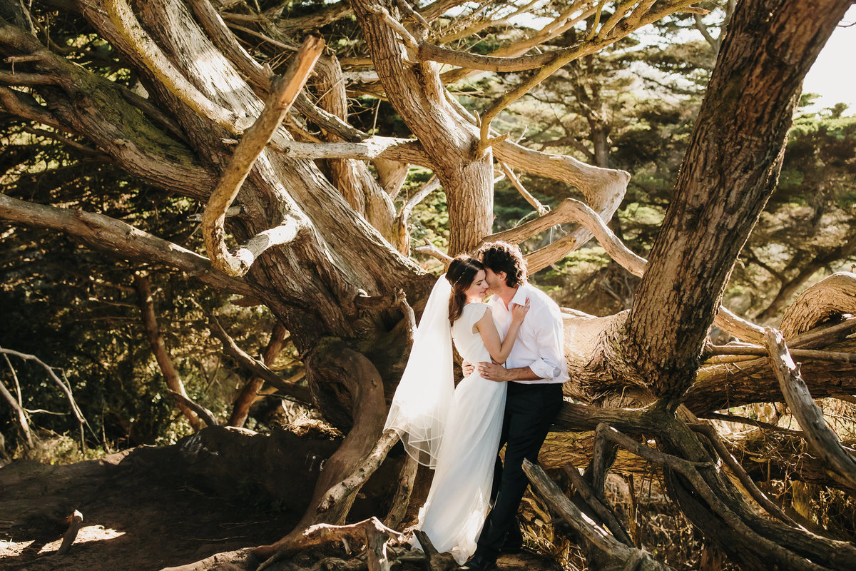 bay Area adventure elopement session at Lands End.  Wedding couple is in traditional attire and kissing while leaning on tree