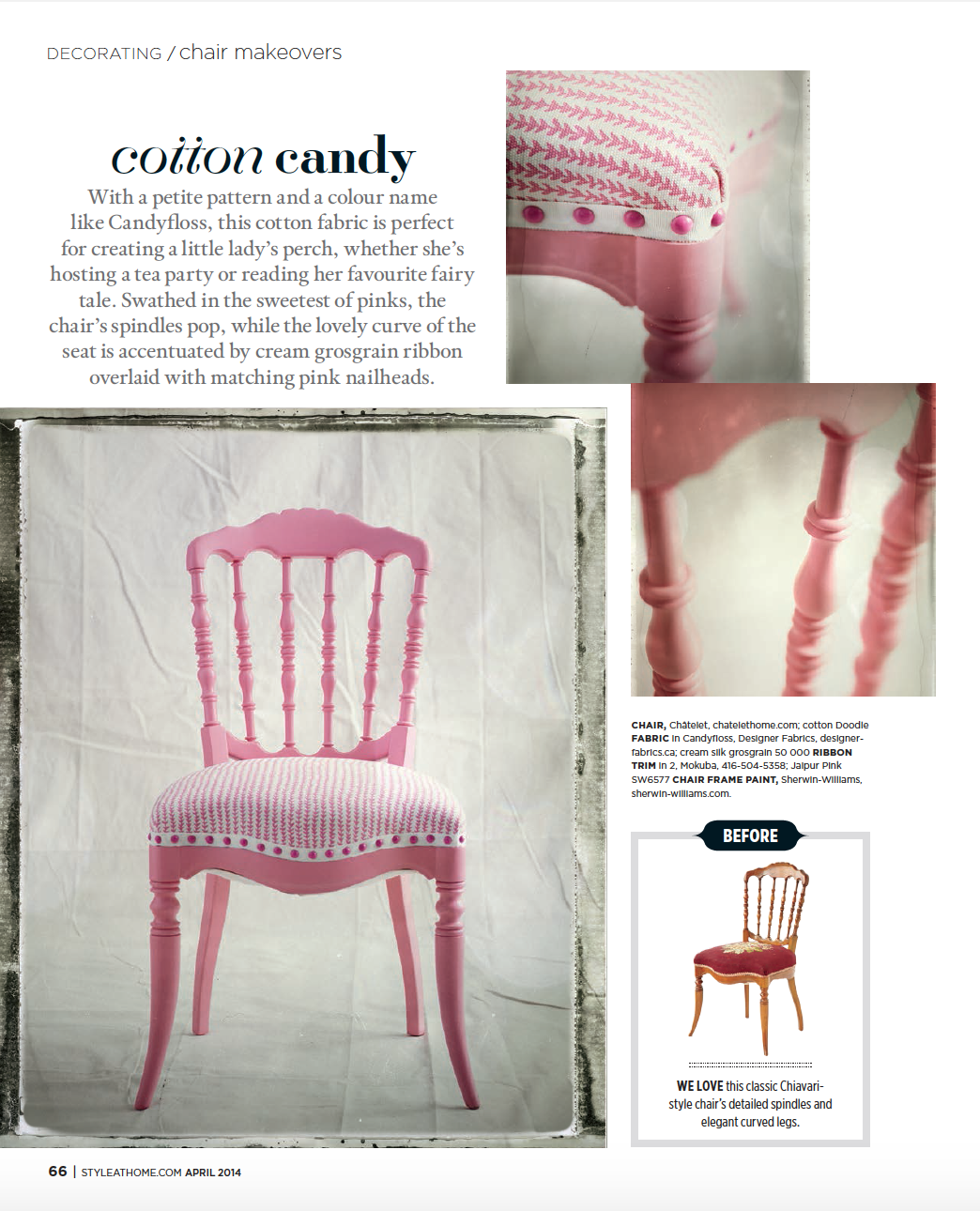 Pink painted chair reupholstered with printed fabric featured in Style At Home Magazine