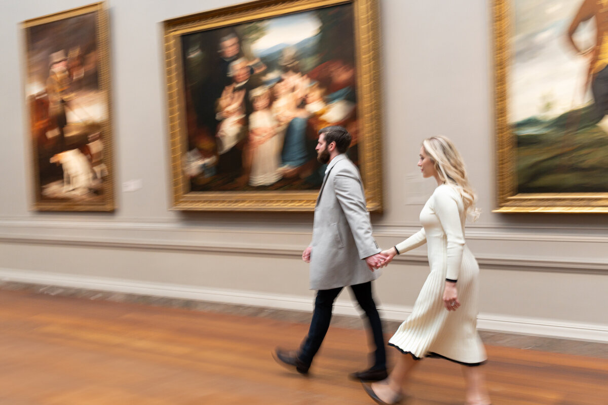 Romantic editorial photo of engaged couple DC National Portrait Gallery luxury fine art 