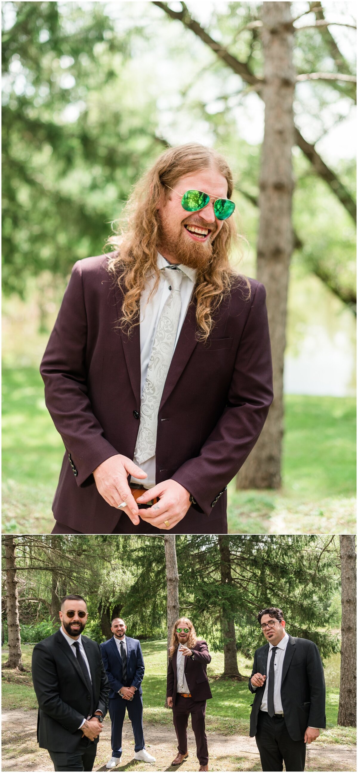 Candid outdoor portrait of the groom wearing his suit, long hair and sunglasses, laughing