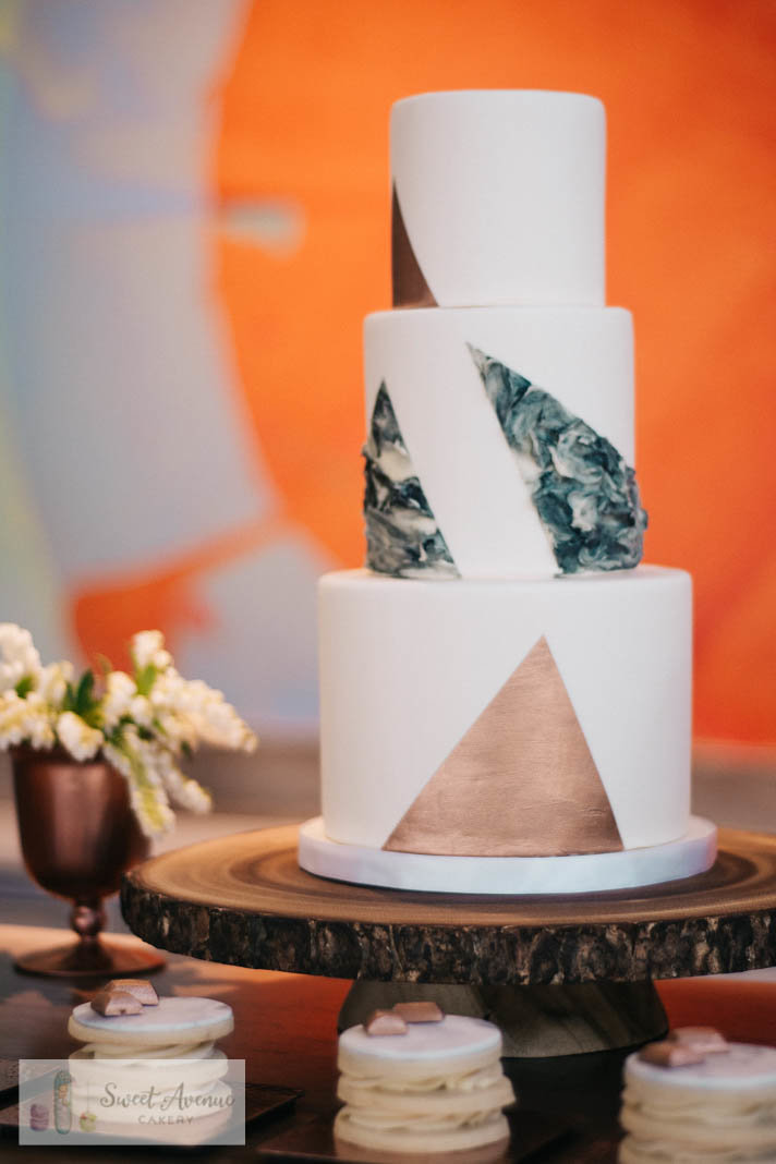modern marble and rose gold wedding cake,  sweet table at 13th Street Winery