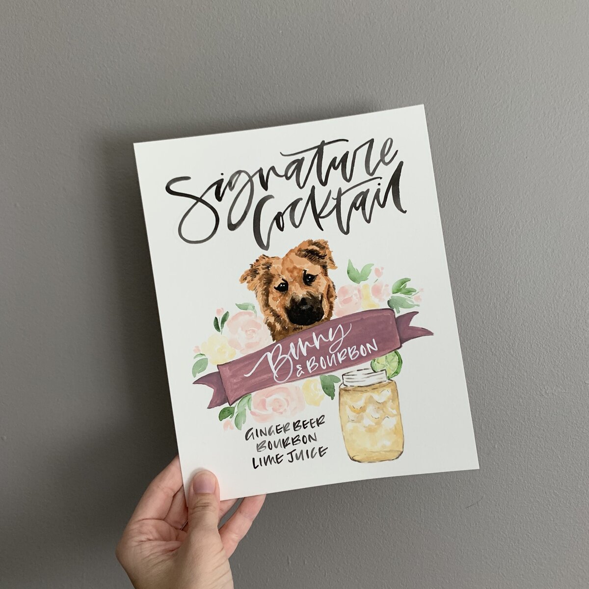 Watercolor signature drink sign with calligraphy and watercolor dog.