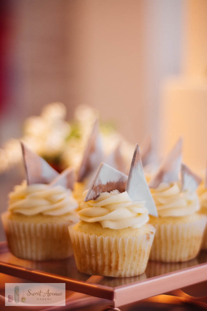 modern marble and rose gold cupcakes,  sweet table at 13th Street Winery
