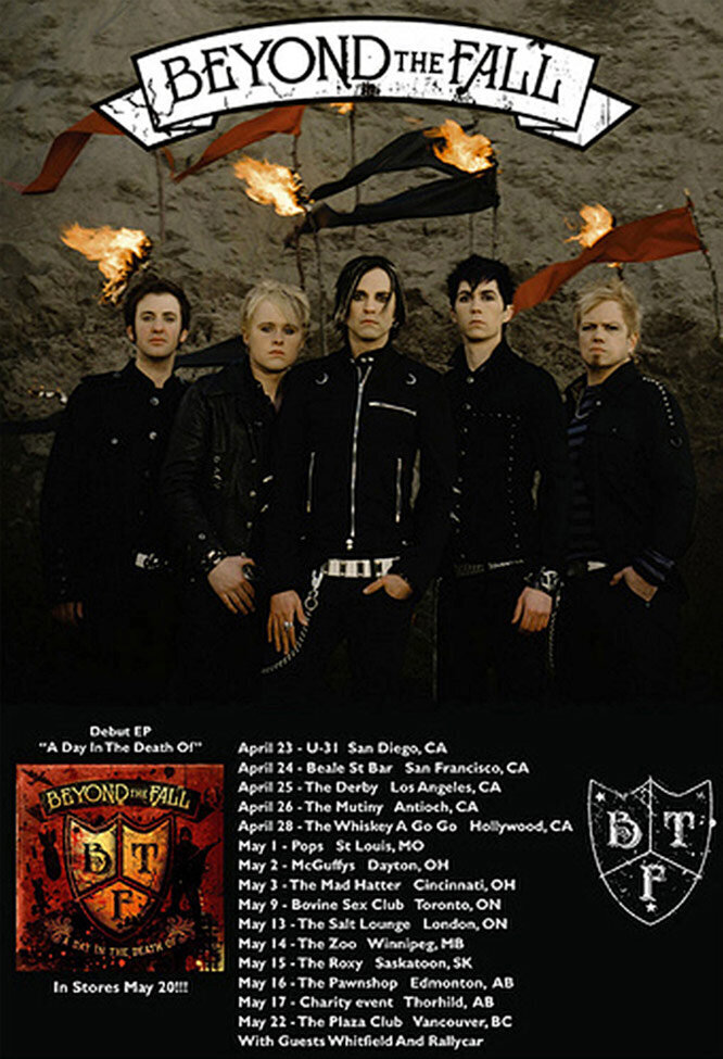 Tour Poster Band Beyond The Fall all four members standing in front of dirt mound flags and fire torches behind them