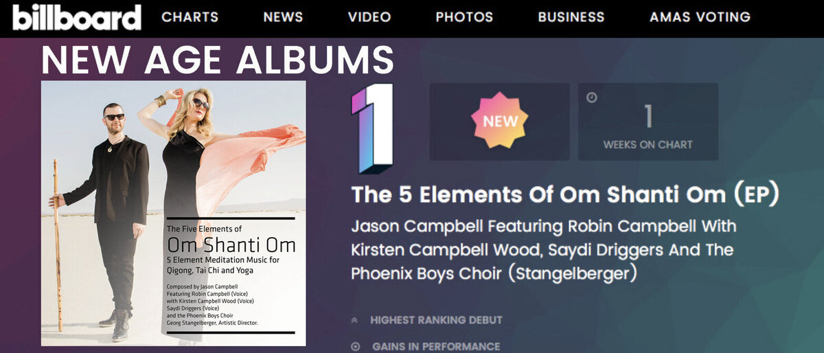 Billboard Chart Announcement Number One New Age Album Om Shanti Om Jason Campbell featuring Robin Cambell standing in desert wearing sunglasses on CD cover text placed beside