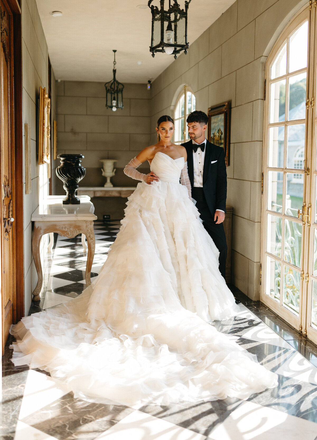 Bride and groom in hallway