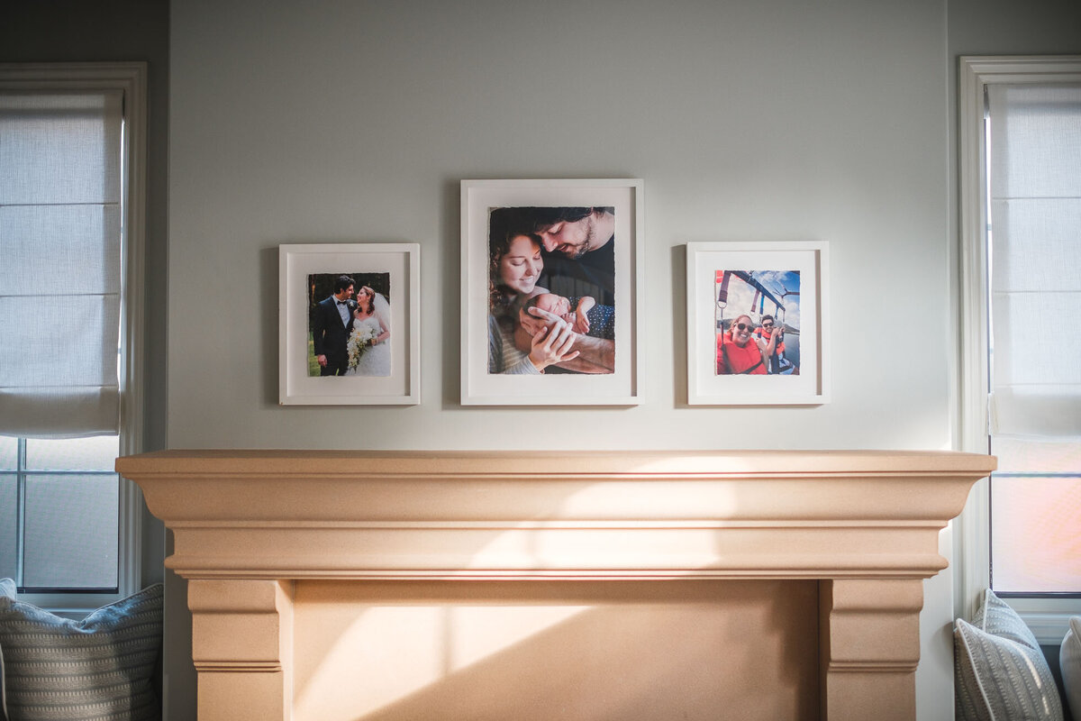 wall display with three framed deckled prints with torn edge