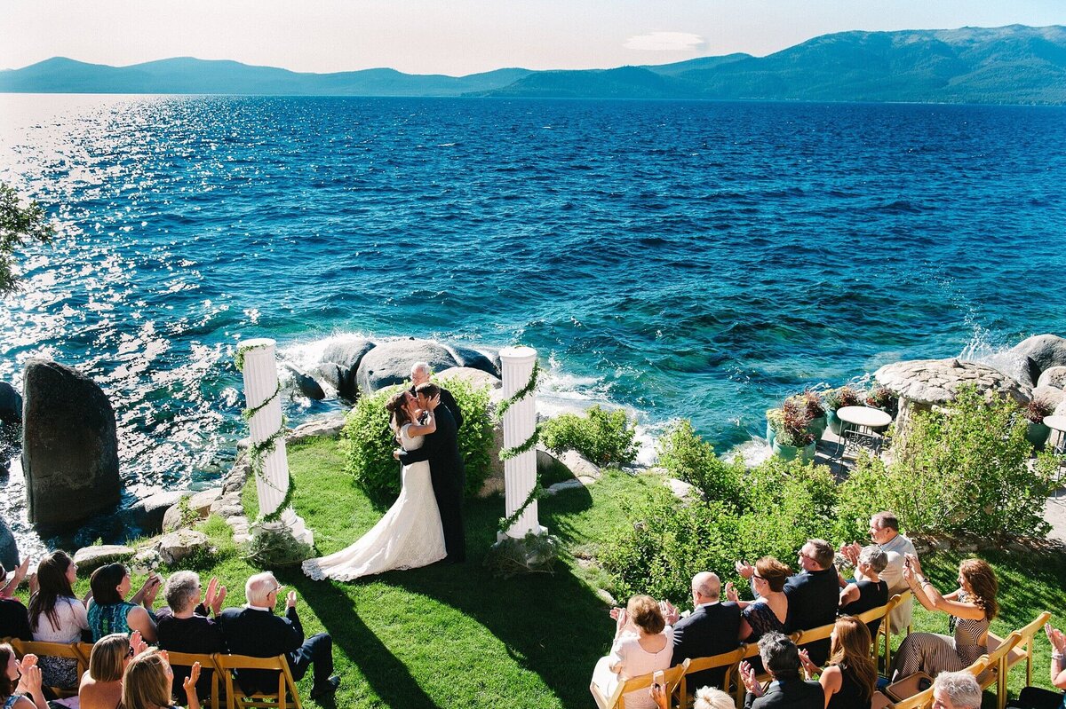 Thunderbird Lodge view of bride and groom during ceremony on Lake Tahoe