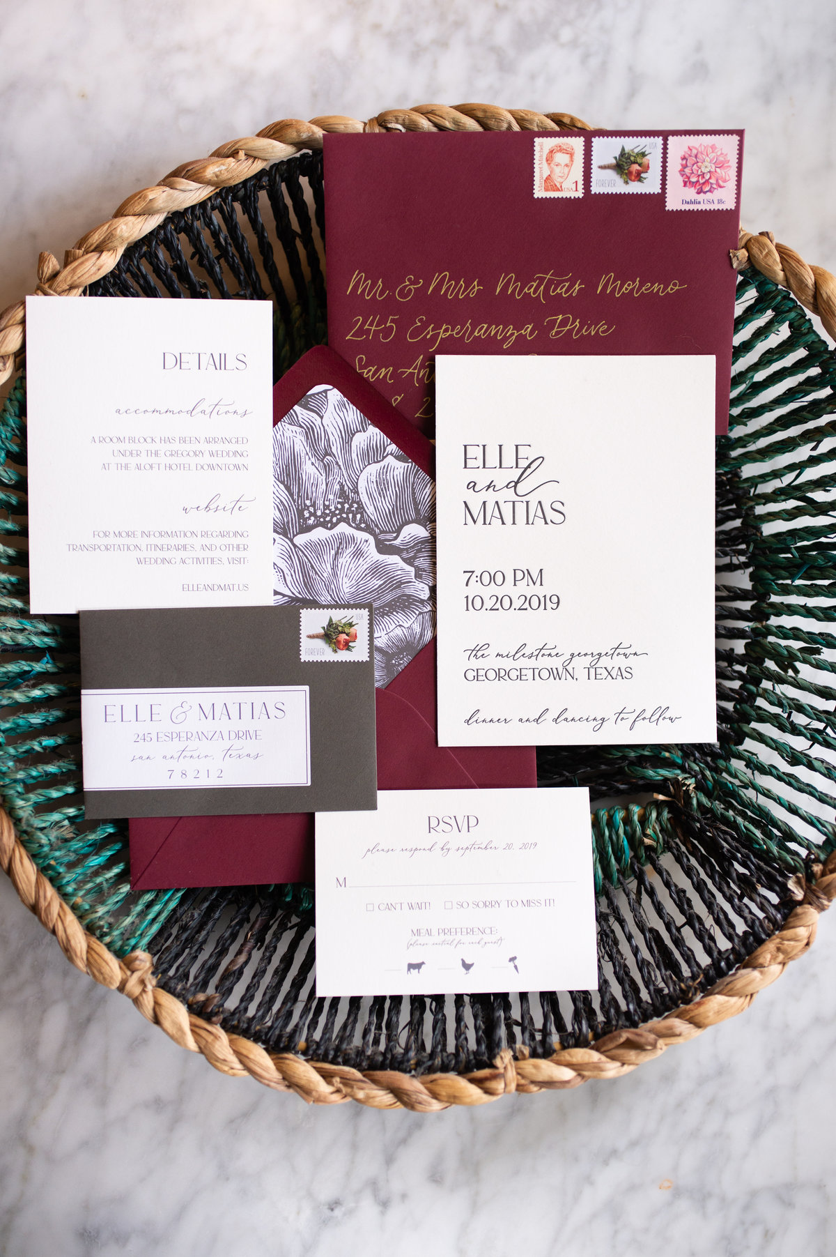Burgundy and Charcoal Letterpress Wedding Invitations
