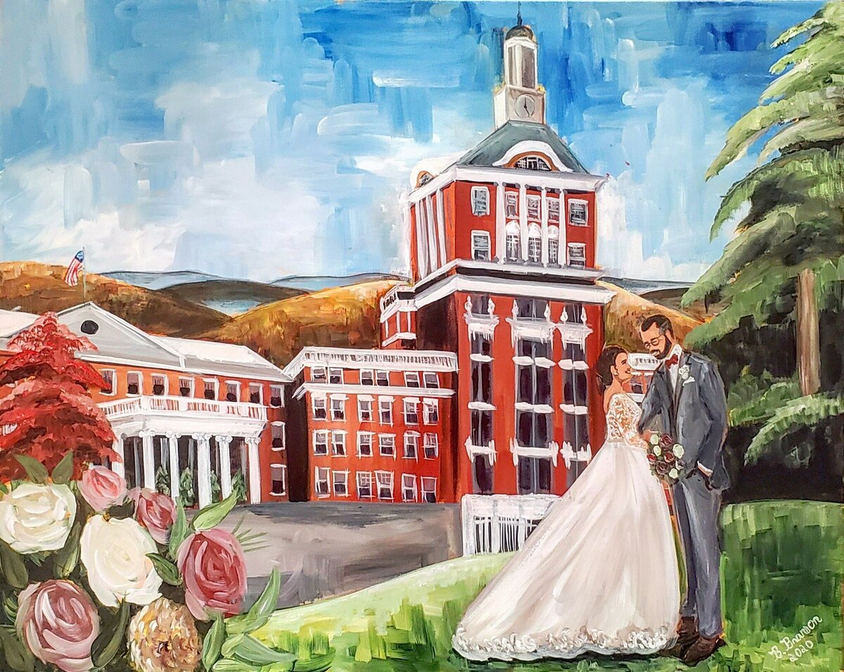 Painted bride and groom portrait in front of gorgeous historic mansion