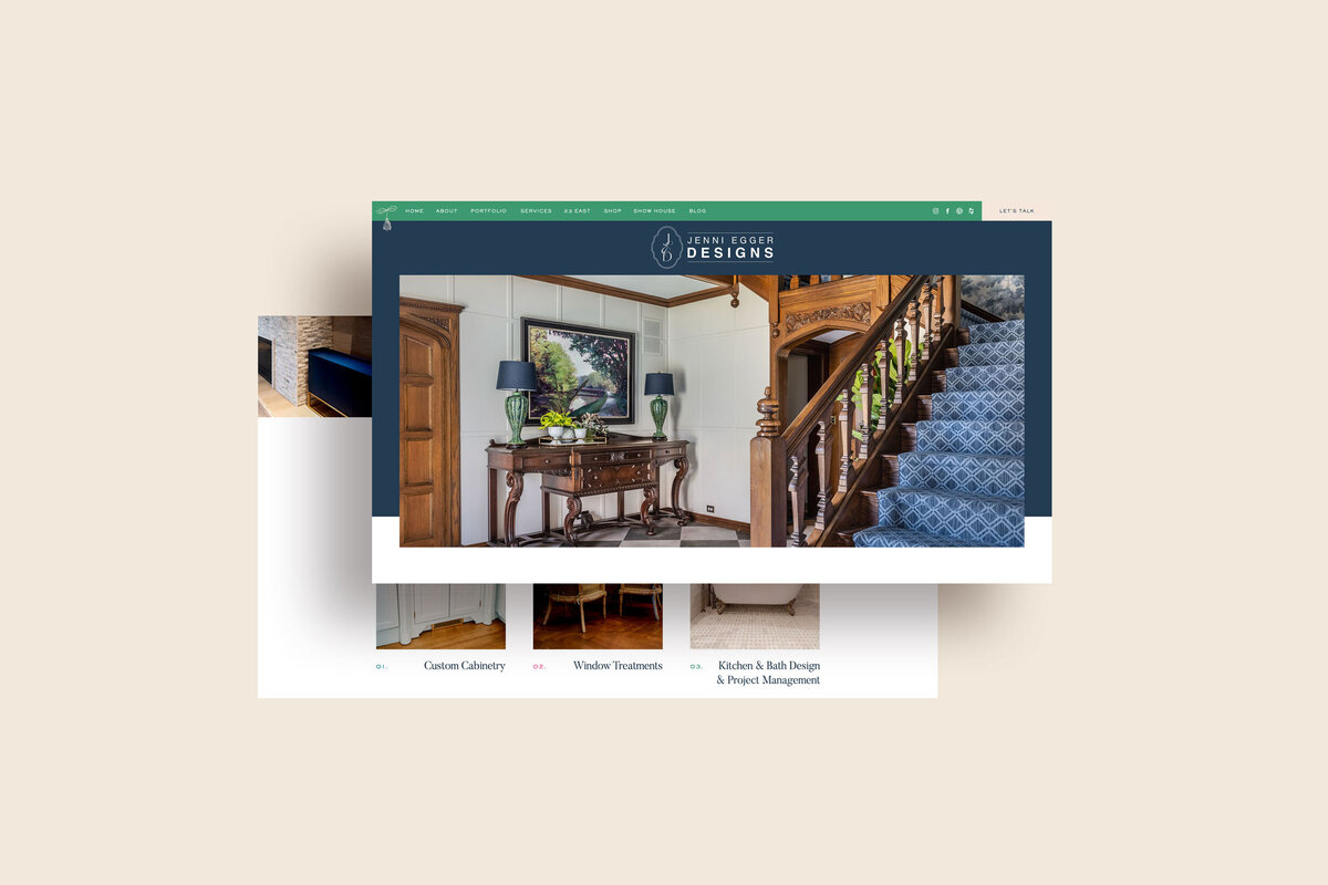 a mockup of a colorful, sophisticated website for an interior designer