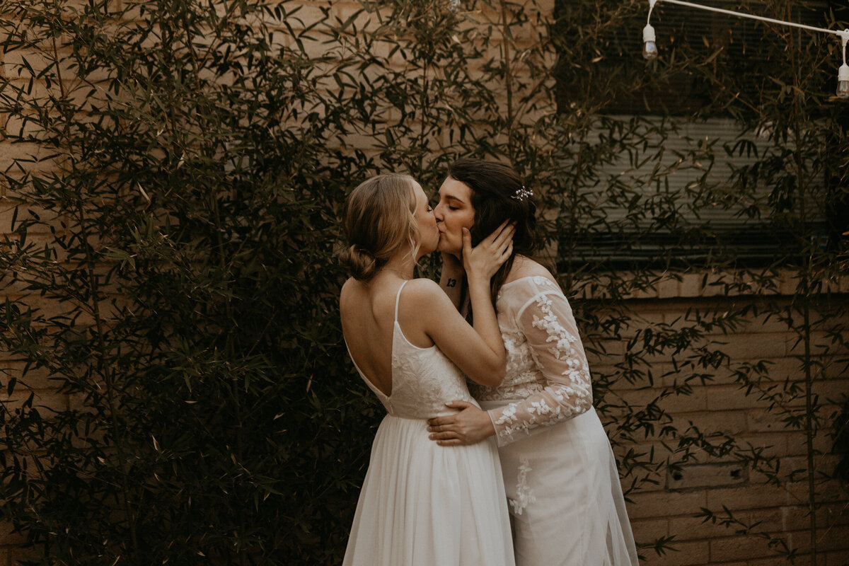 two brides first look before their ceremony, seeing each other for the first time