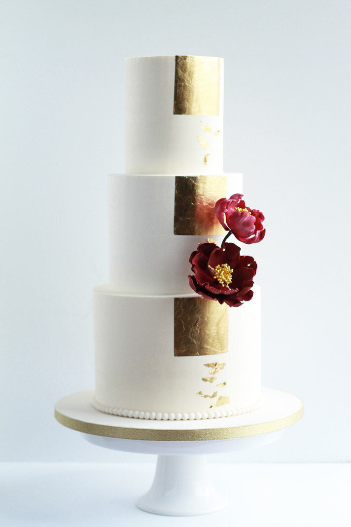 modern three tier buttercream wedding cake with gold foil, Hamilton ON wedding cakes