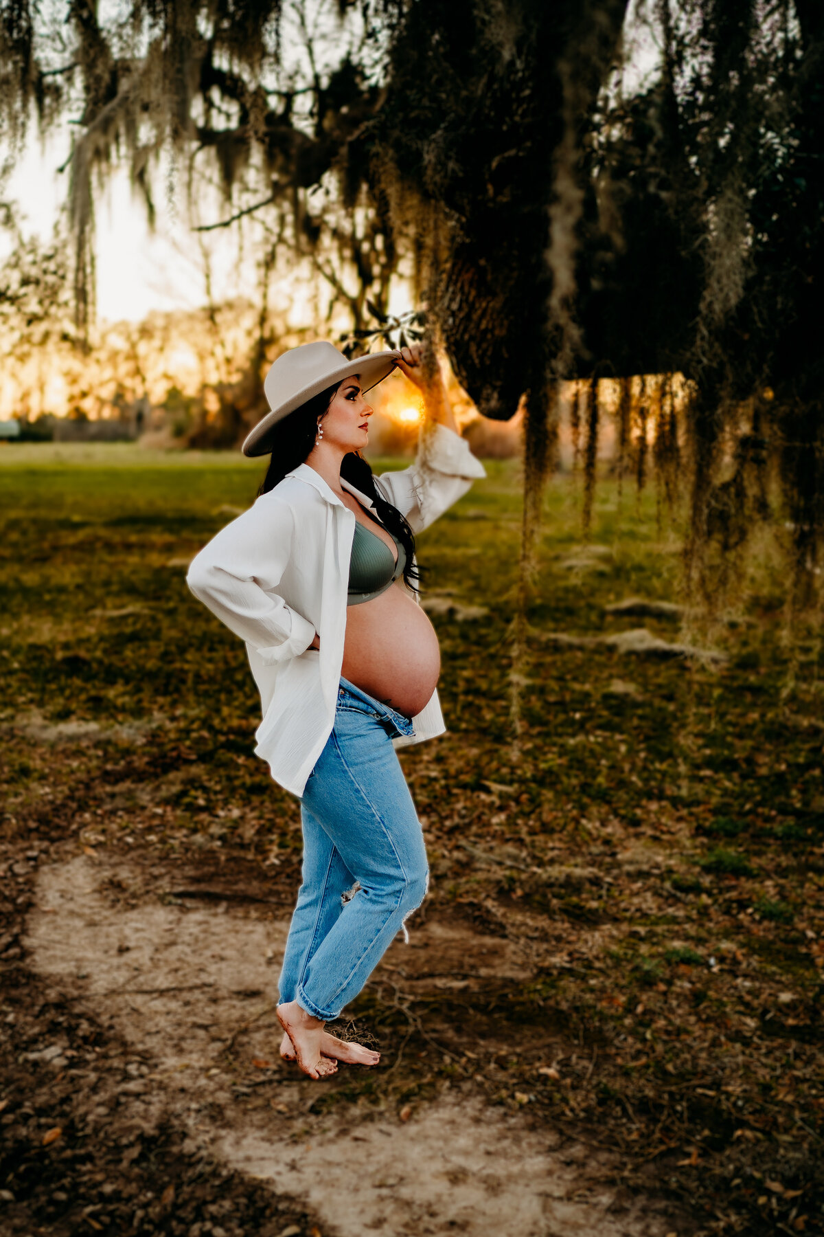 candid, casual, exposed belly pregnancy photo at sunset in Lafayette, la