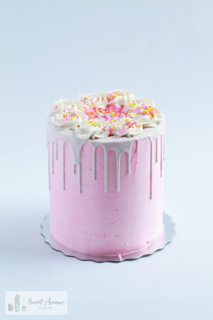 pink chocolate drip cake with sprinkles, Hamilton ON birthday cakes
