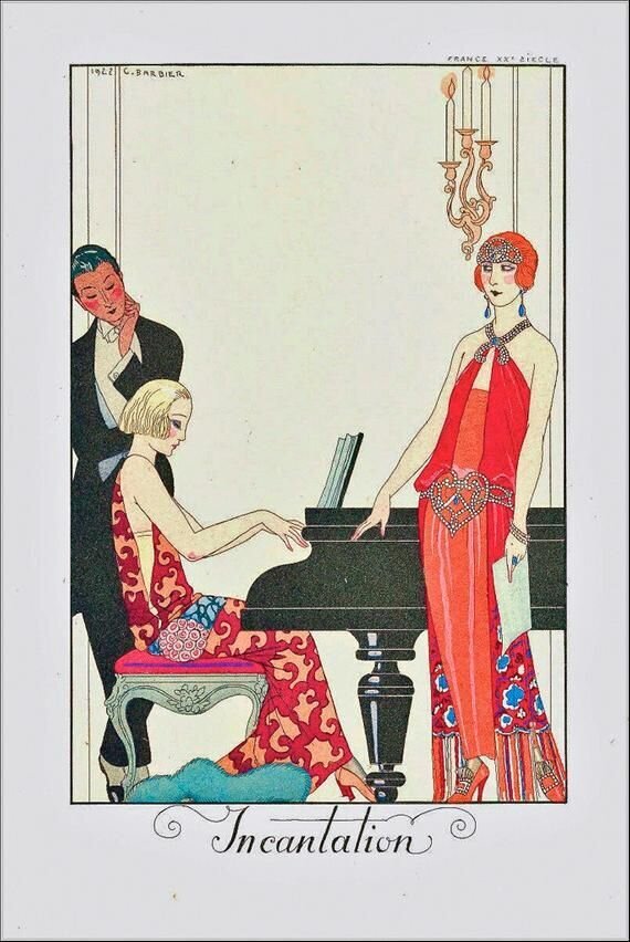 ART DECO Flapper PRINT From Original by Georges Barbier with Flapper and Couple at Piano