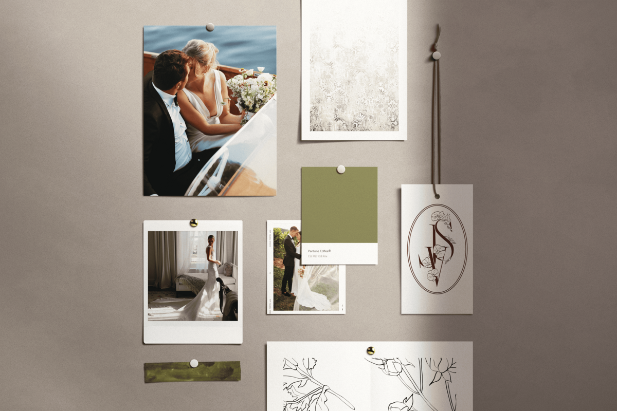 A set of branded photography stationery, including a letterhead, business card, and tri-fold brochure, each labeled "Gillian McColl" in elegant font. The brochure displays sample photos inside, showcasing our comprehensive Showit web design for luxury photographers.