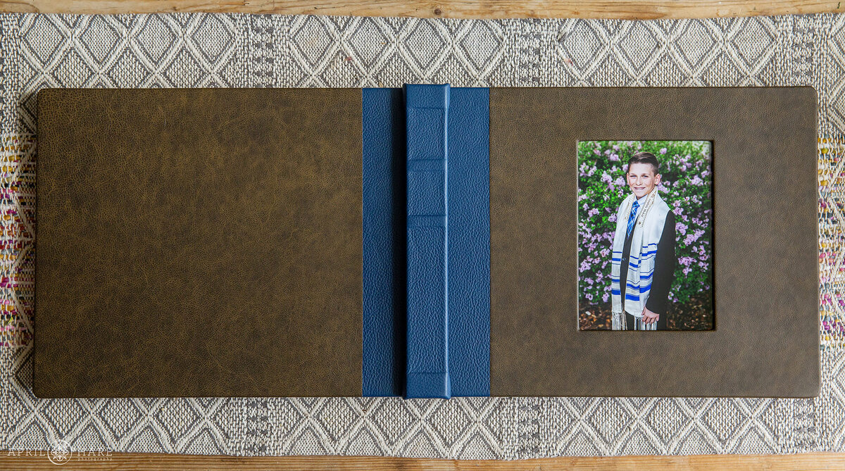Brown Leather Bar Mitzvah Album with a Blue Leather Spine