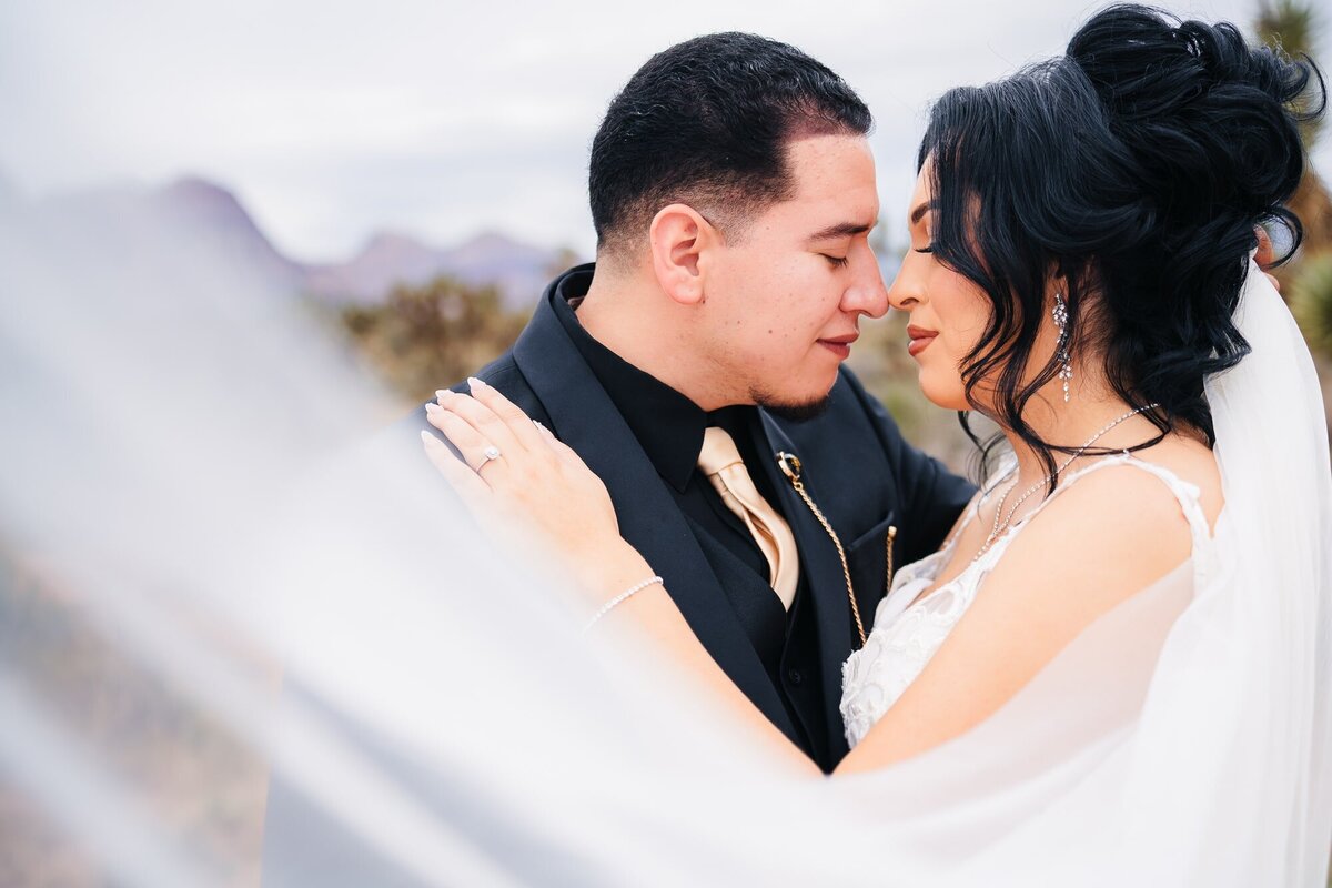 A newlywed couple, wrapped in the veil, shares a beautifully intimate moment during their wedding photos at Red Rock Canyon in Las Vegas