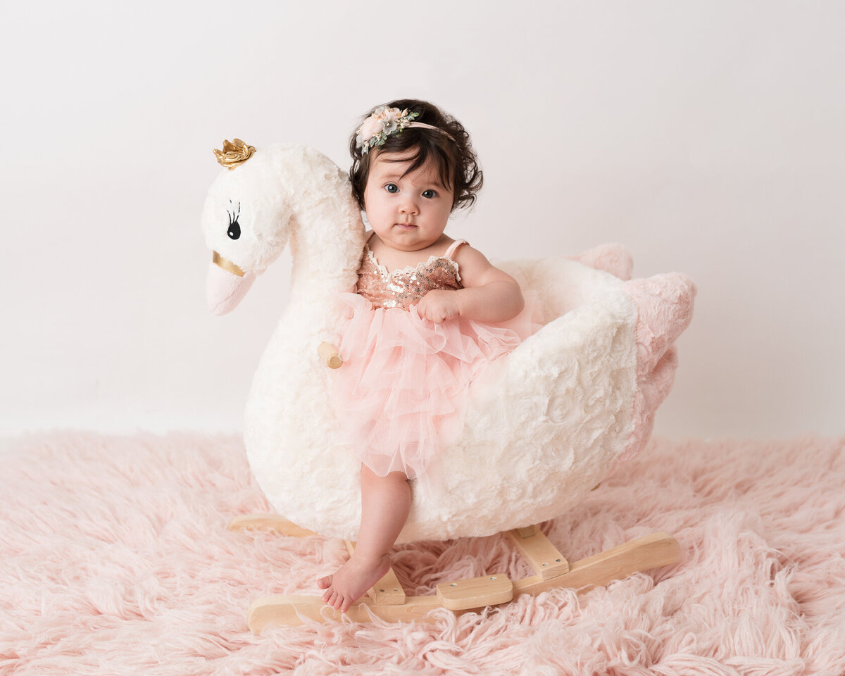 Baby in pink dress riding in a swan creative photoshoot in Houston