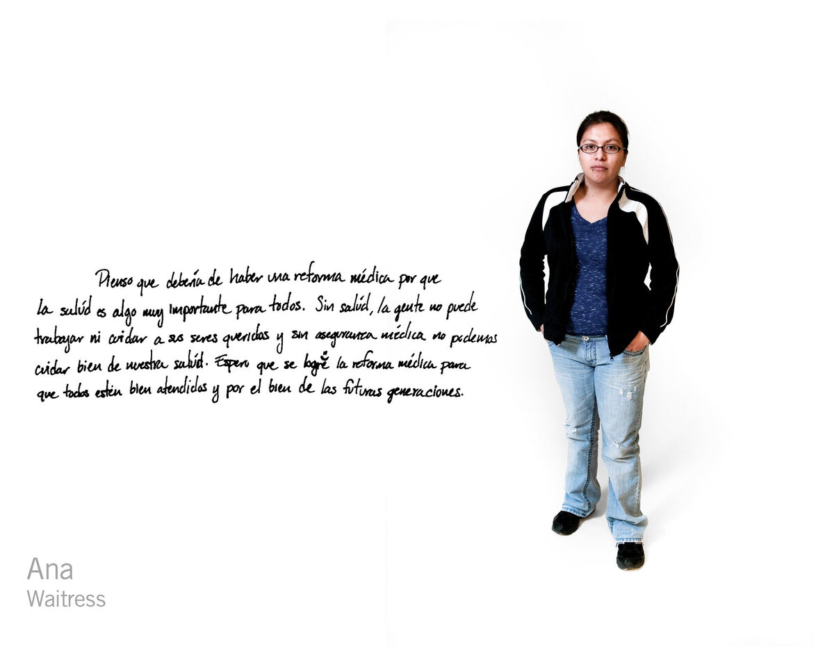 A participatory photo project where subjects are photographed in studio and their handwriting is displayed next to the image.