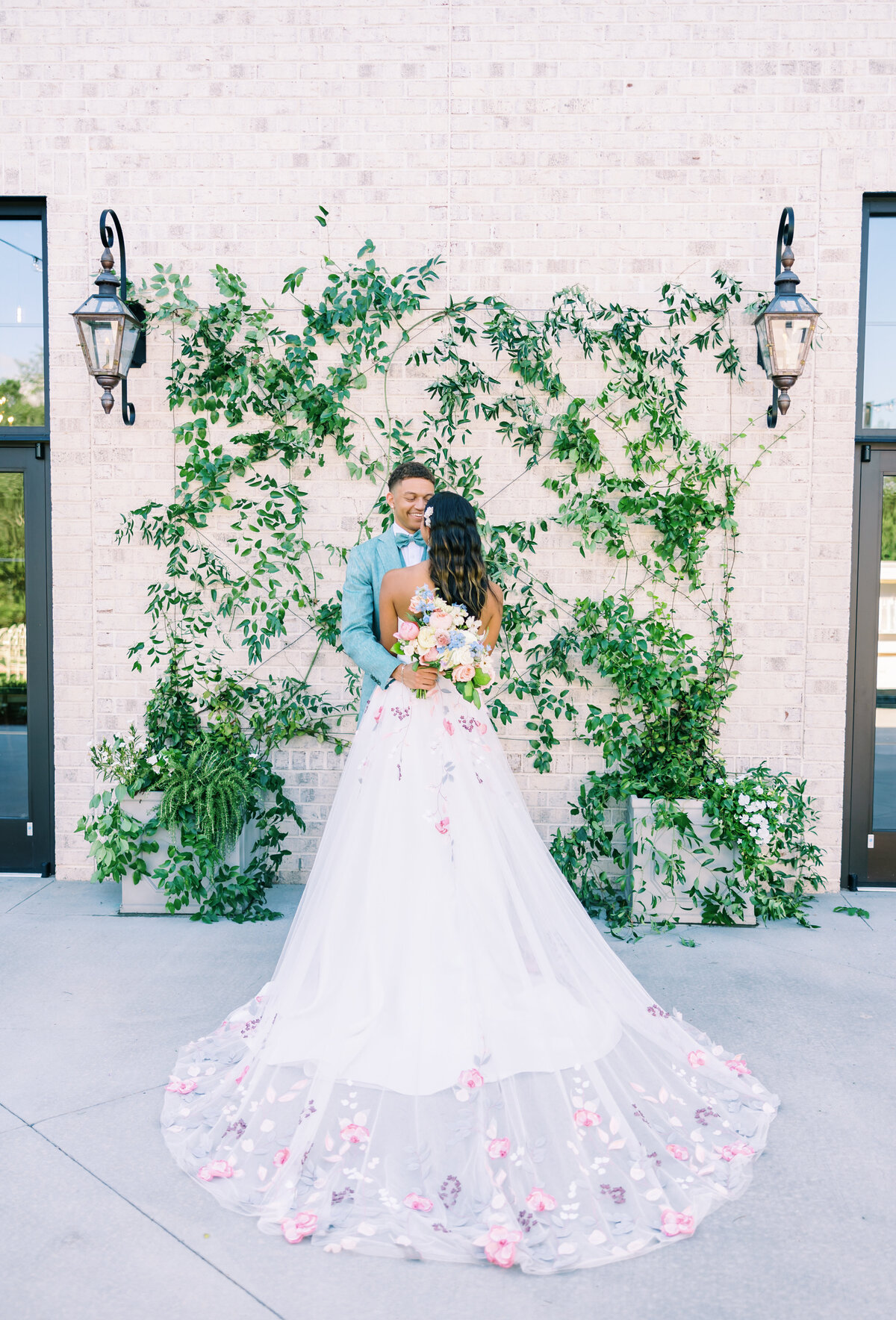 dramatic wedding dress with flowers