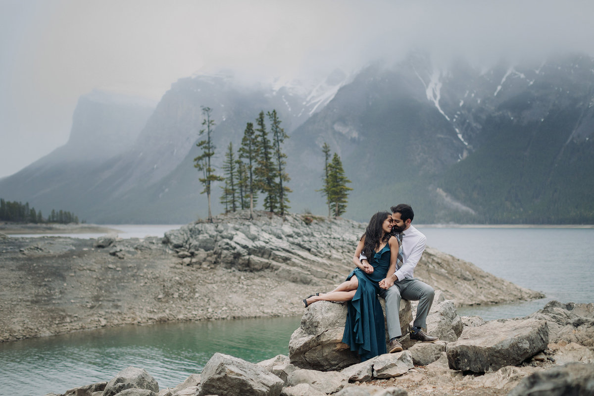 formal engagement photos dramatic moody lake minnewanka banff