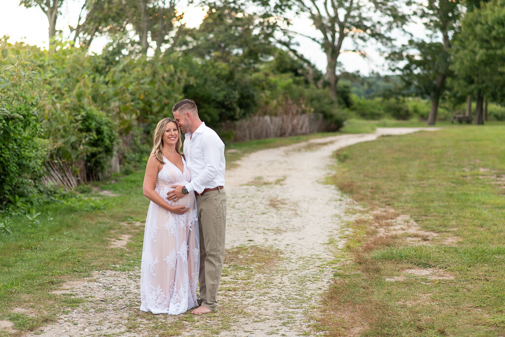 Woman in white maternity dress at the beach |Sharon Leger Photography || Canton, CT || Family & Newborn Photographer