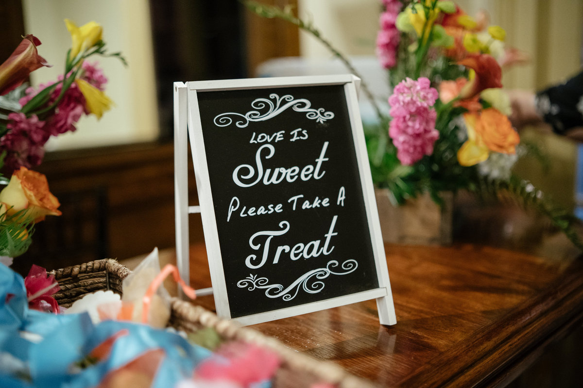 Wedding reception signage decor thank you gift for sweets table at The Historic Sunset station in downtown San Antonio