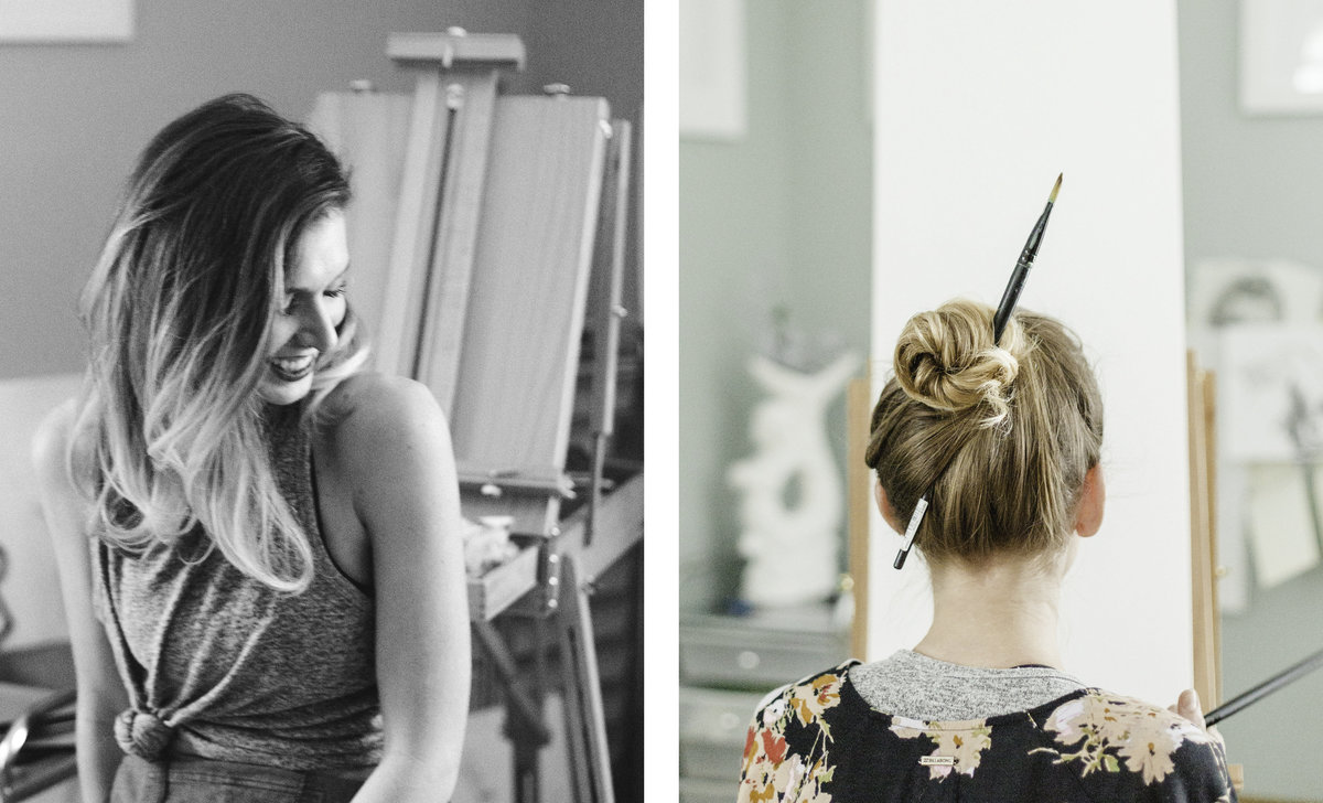 two pictures of anna canfield laughing in her studio and with a paintbrush in her hair