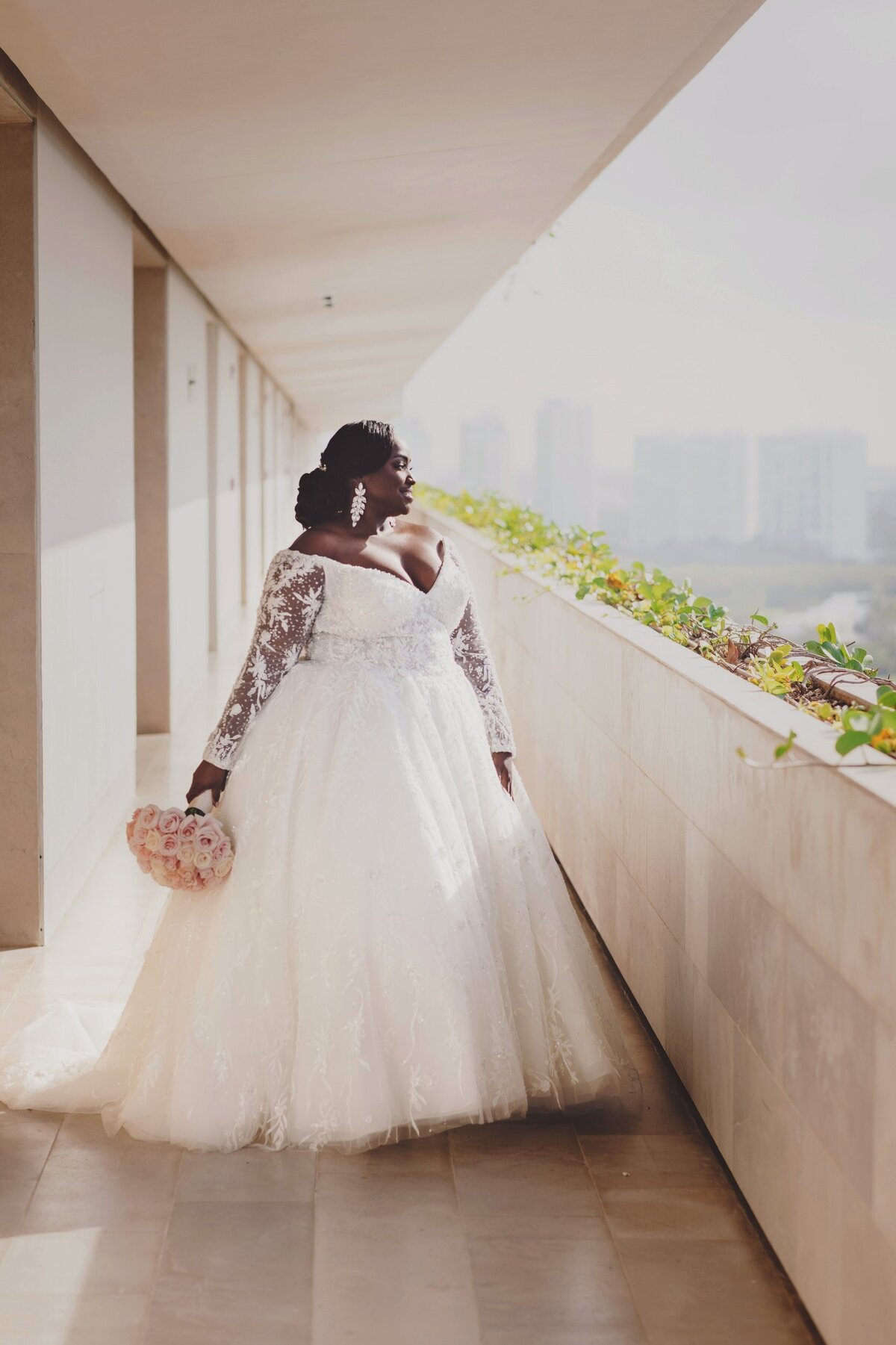 Portrait of bride in hallway at cancun wedding