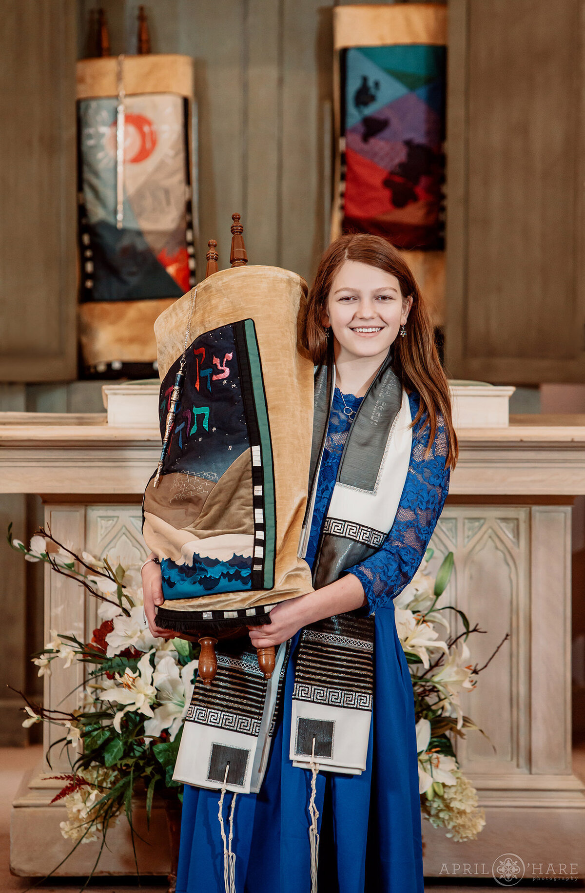 Mitzvah Photo with the Torah in front of the Ark at Temple Emanuel in Denver Colorado