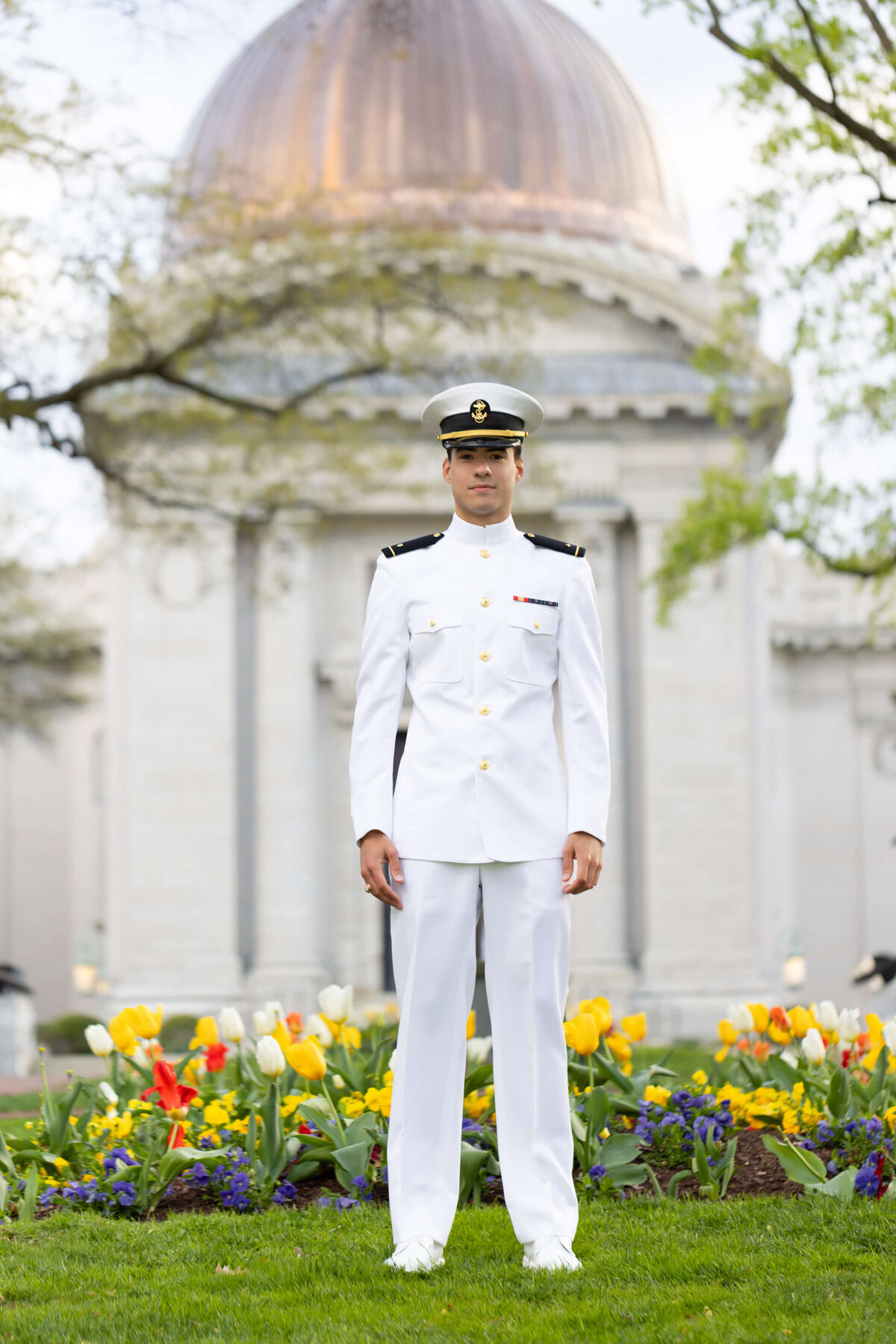 Spring portrait with tulips and the Naval Academy chapel dome in Annapolis, Maryland